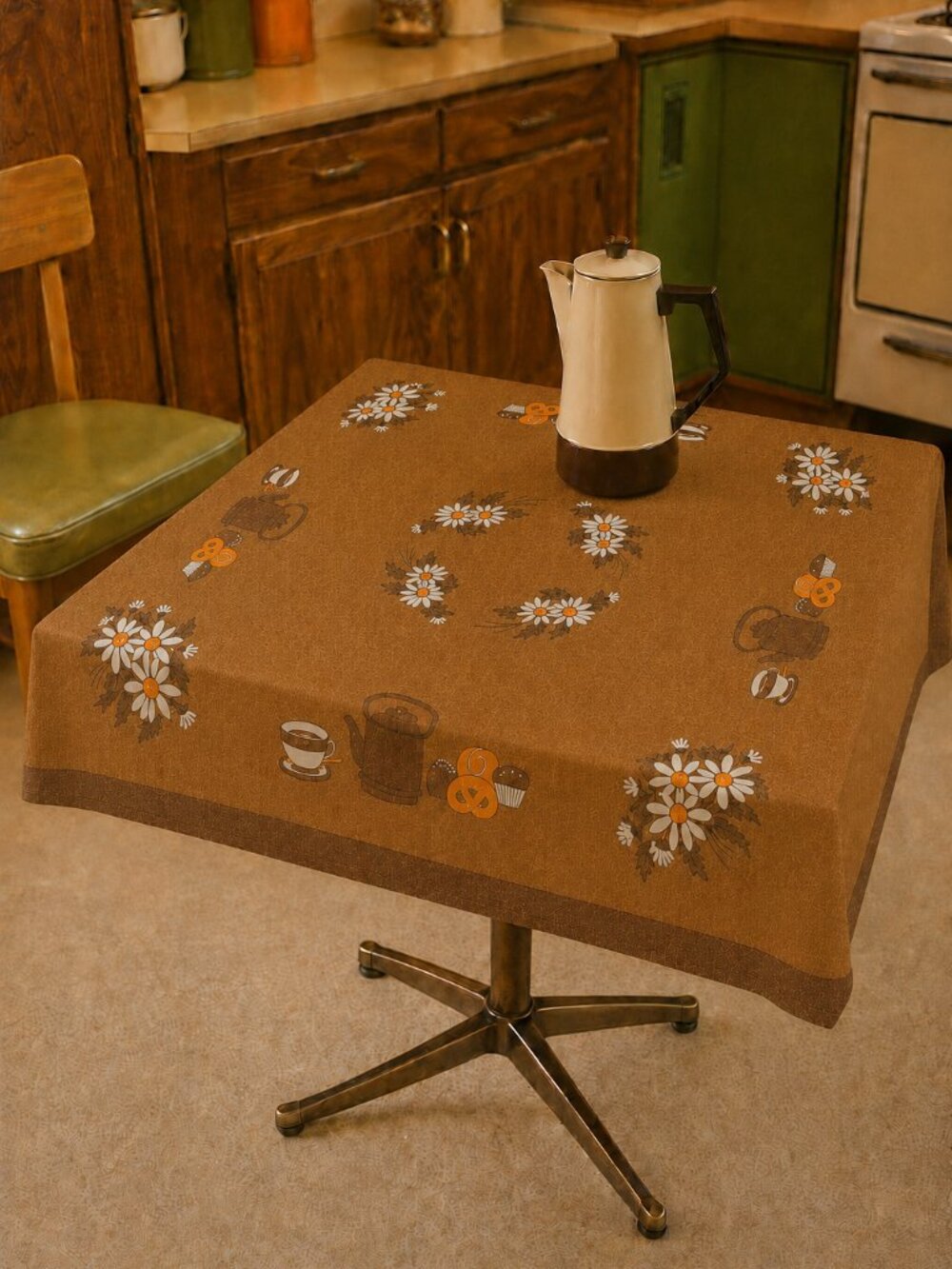 Title: Vintage MCM Coffee & Daisies Luncheon Tablecloth 34” Square